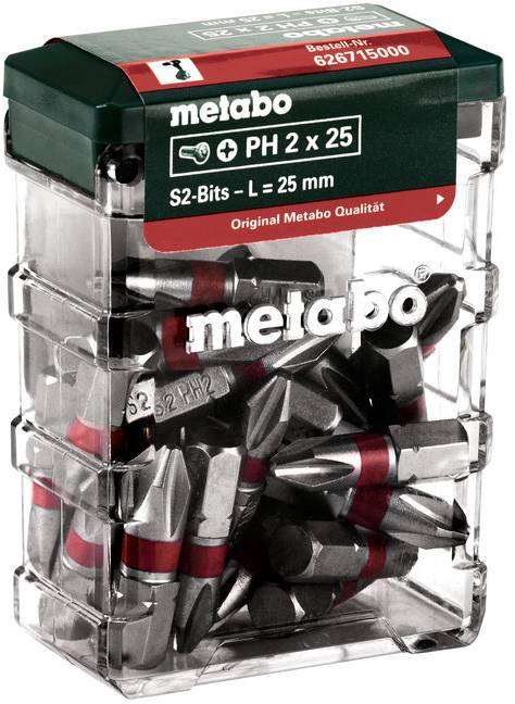 Prozorna škatla Metabo bitov z oznako 'PH 2 x 25' in 'S2-Biti - L = 25 mm', polna z biti za vijačnik.