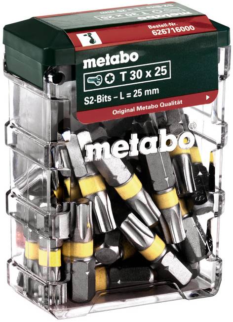 Niz vijačev Metabo v prozorni plastični škatli, označen z 'T 30 x 25' in 'S2-Bits - L = 25 mm'.
