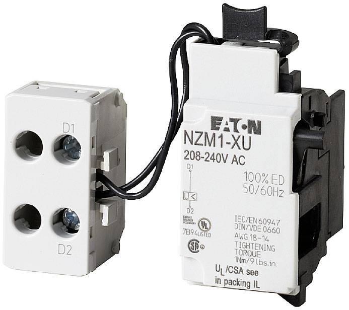 Varnostni odklopnik Eaton NZM1-XU 208-240V AC, črno-bele barve, z priključnimi sponkami. Nameščen v električnih napravah.
