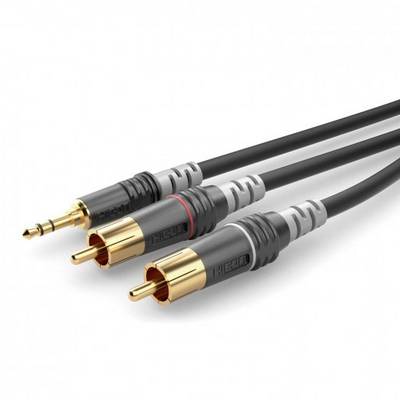 Trije avdio kabli: 3,5-mm audio vtič in dva RCA priključka, označena rdeče in belo, za stereo zvočne povezave.