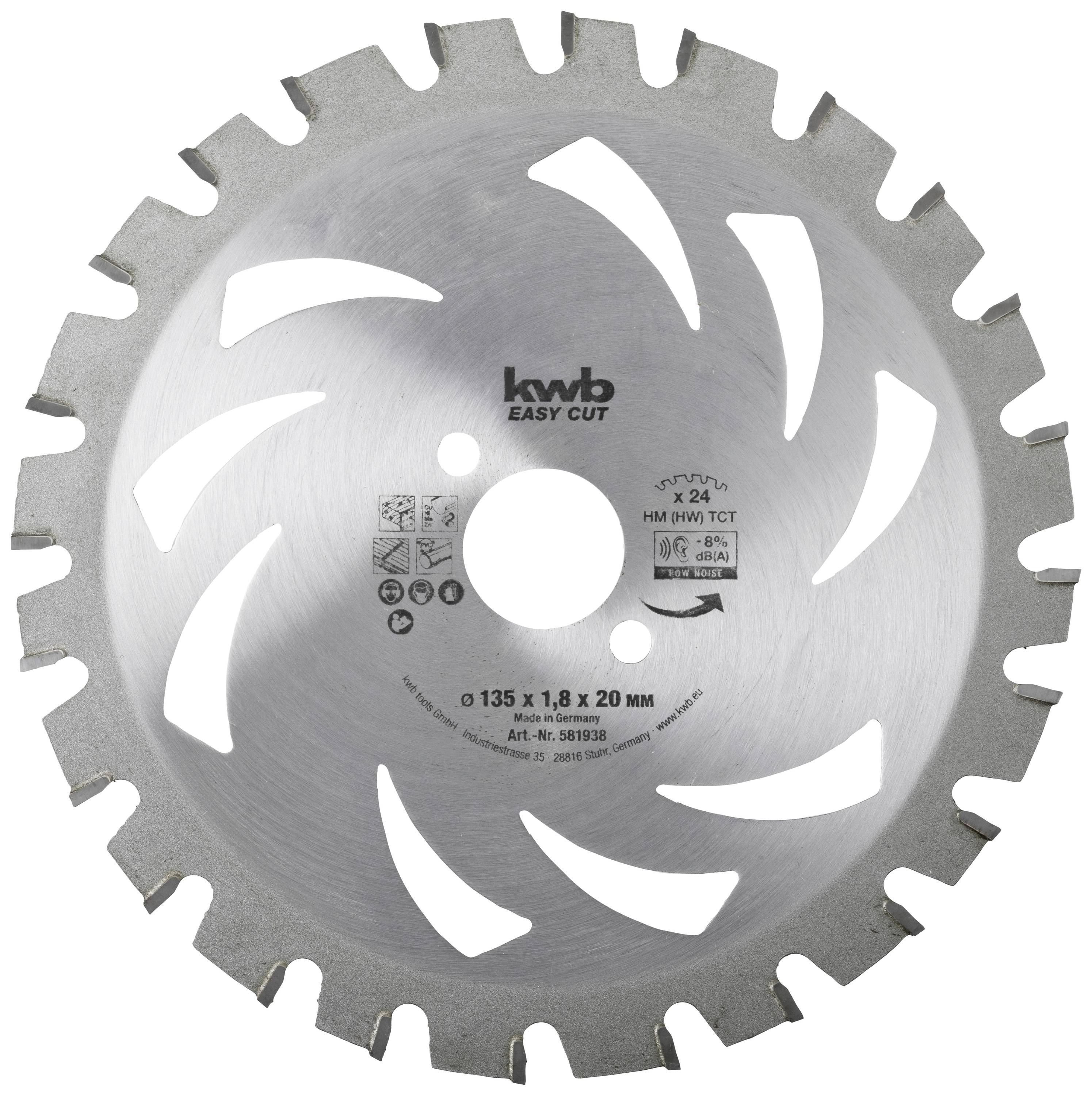 Okrogla žaga z 16 zobmi in napisom 'kwb EASY CUT'. Premer 135 mm, debelina 1,8 mm. Primerna za lesna dela.