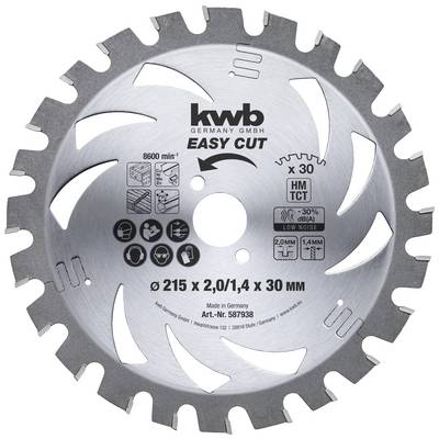 Krožna žaga, znamka 'kwb', model 'Easy Cut'. Premer 215 mm, 2,0/1,4 x 30 mm. Primerna za različne materiale.
