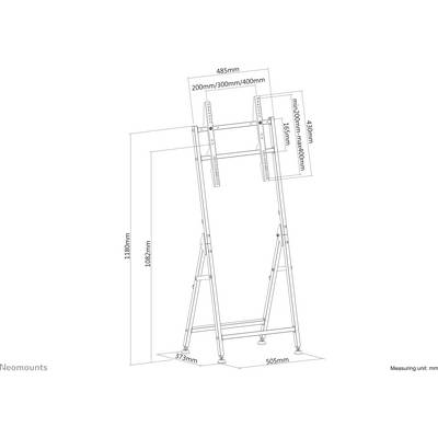 Načrt dvižne stojalne pritrjevalne naprave z navedenimi merami. Maksimalna višina: 1830 mm, minimalna višina: 1080 mm.