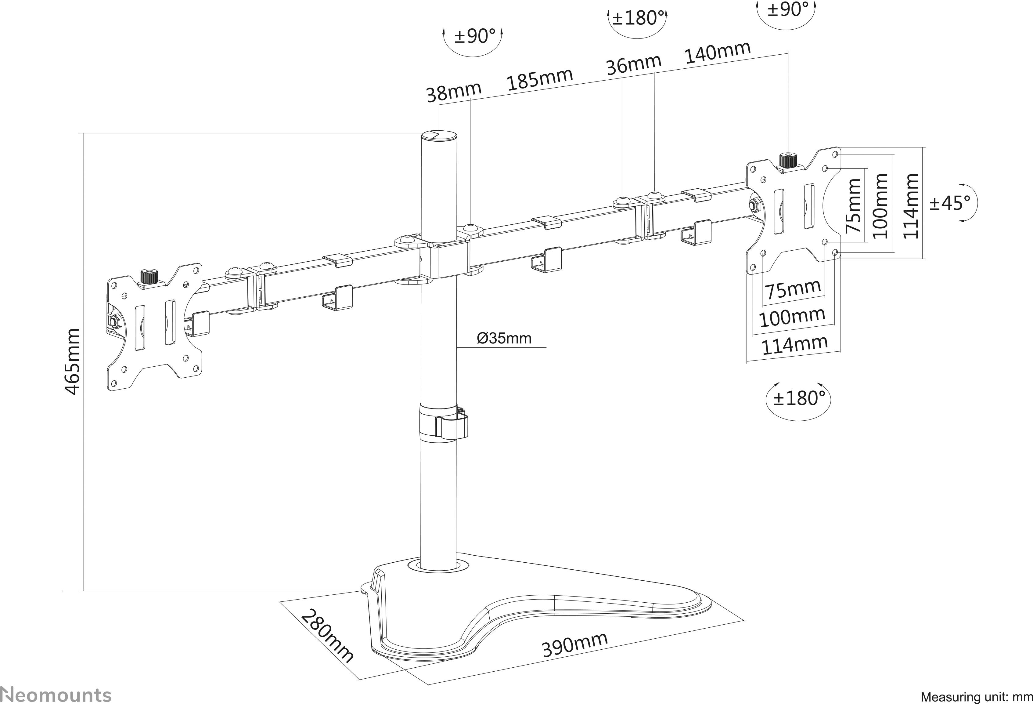 Diagram montažnega držala za monitor z natančnimi merami, prikazuje različne razdalje in kote rotacije komponent držala.