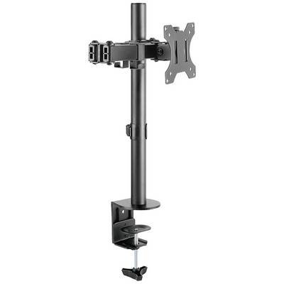 Črn nosilec za monitor za namestitev na mizo. Z nastavljivo roko in VESA priključkom za monitorje, namenjen ergonomski nastavitvi.