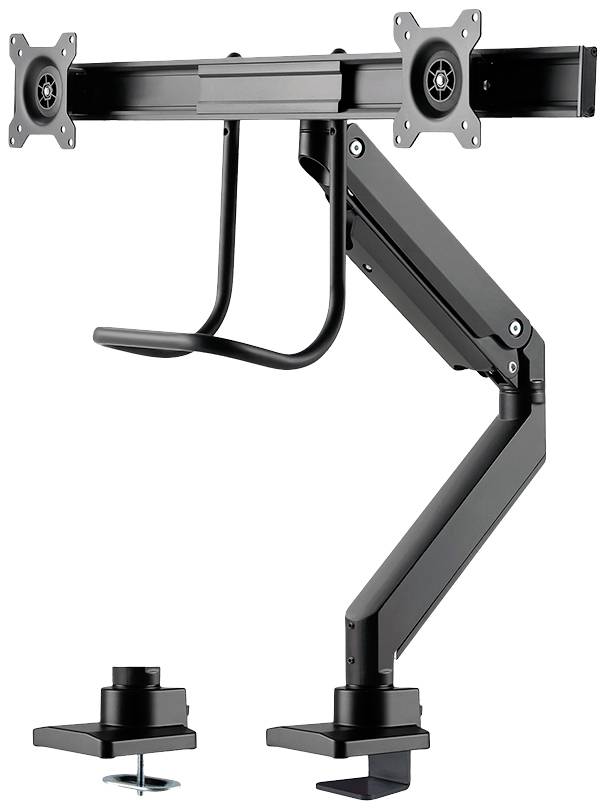 Dvoročni nosilec za monitor, črne barve, z namestitvenimi sponkami, primeren za dva zaslona; fleksibilno nastavljiv za ergonomsko uporabo.