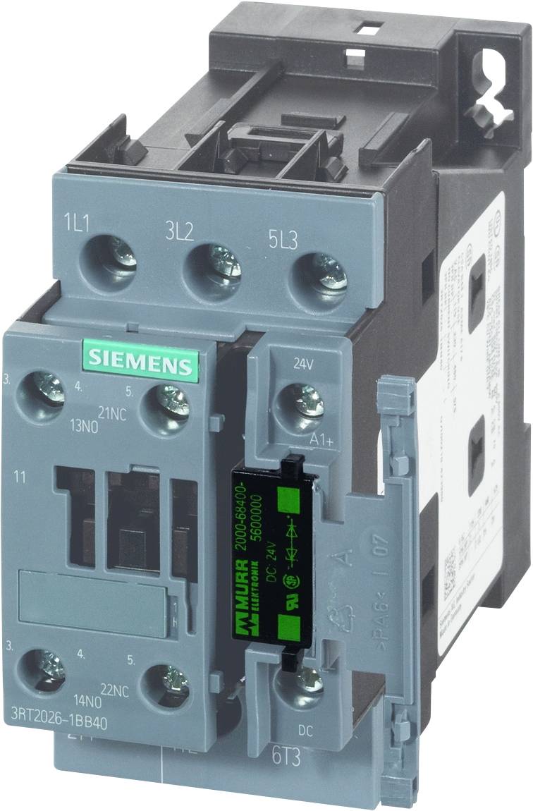 Simensov električni odklopnik v črni in modri barvi z več priključnimi sponkami in zeleno oznako.