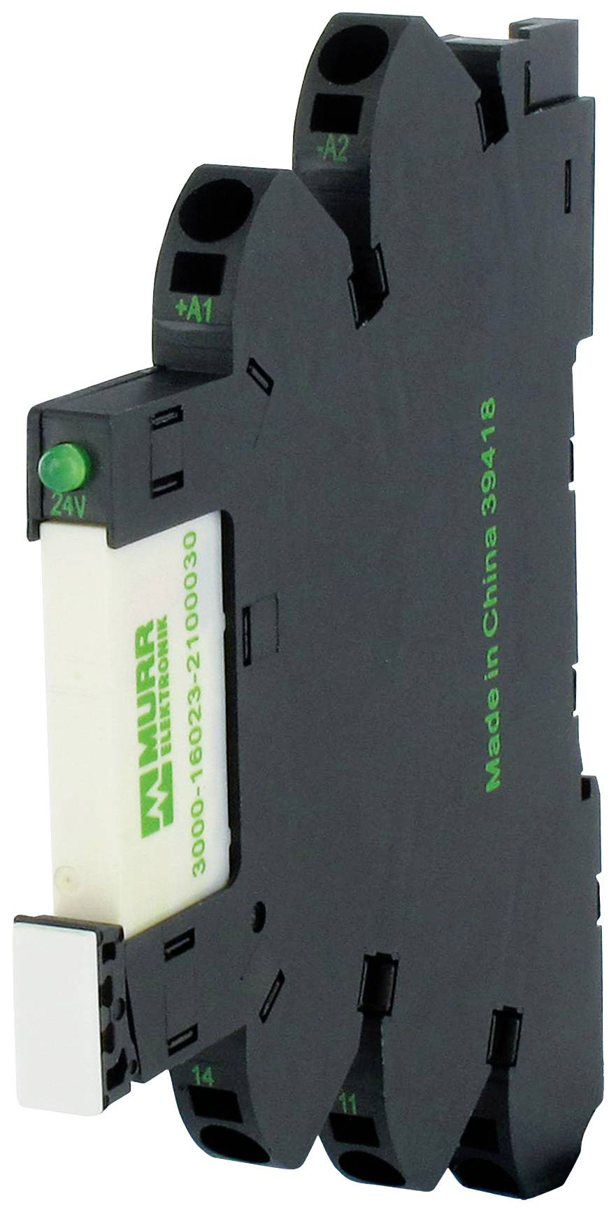 Ozek, črn elektronski relejski modul z zelenim napisom 'MURR', zeleno LED-lučko in več priključnimi sponkami za namestitev na vodilo.