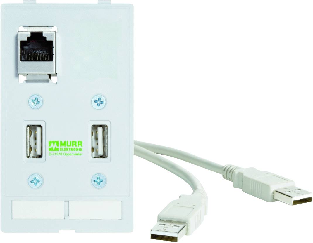 Bel adapter z RJ45- in dvema USB-priključkoma, poleg njega dva USB-kabla. Naprava podjetja Murr Elektronik.