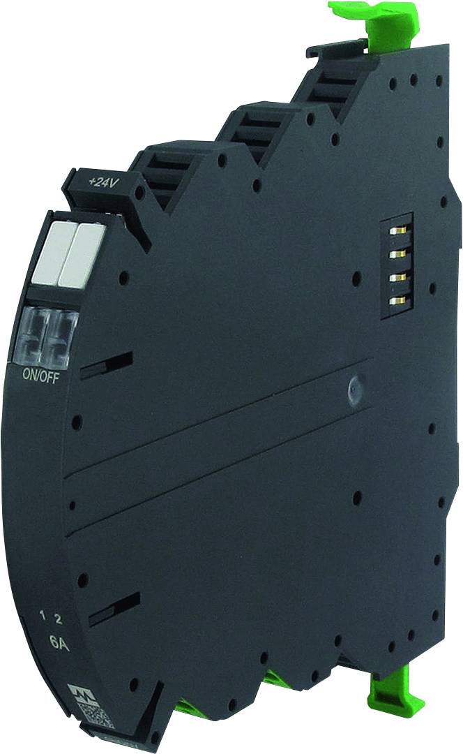 Elektronski relejski modul v ozkem, črnem ohišju. Na straneh ima dve beli tipki, označeni z 'ON/OFF', in priključke na vrhu.