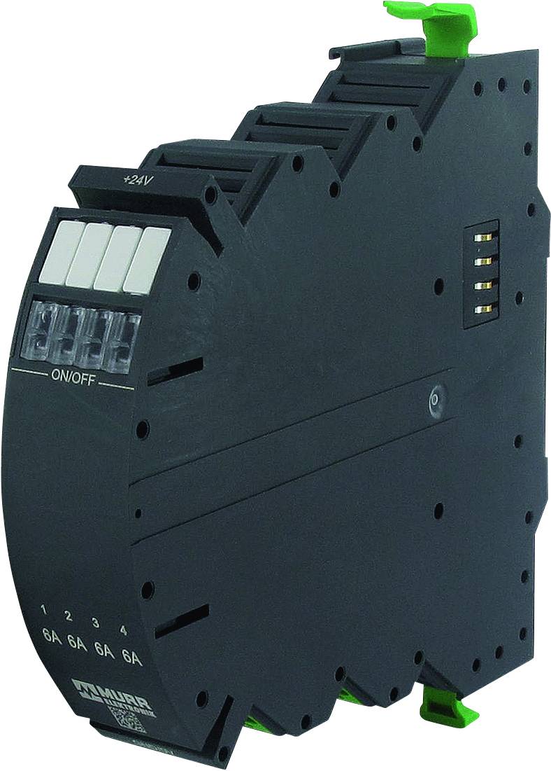 Črna elektronska naprava s štirimi belimi stikali na sprednji strani, označenimi z 'ON/OFF' in zeleno ročico na vrhu.
