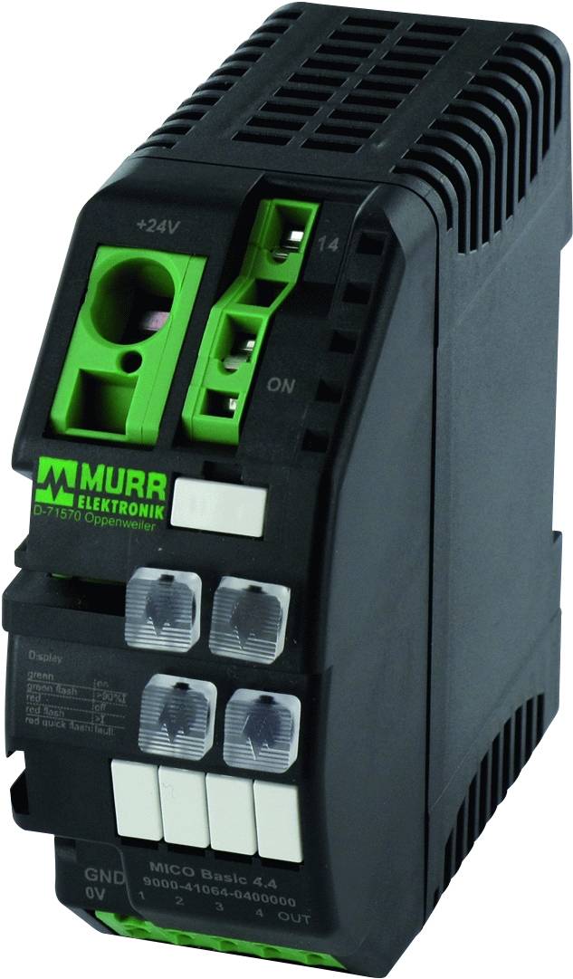 Elektronska stikalna naprava podjetja Murr Elektronik z zelenim logotipom, priključnimi sponkami za 24V in 14V, stikalom in statusnimi indikatorji.