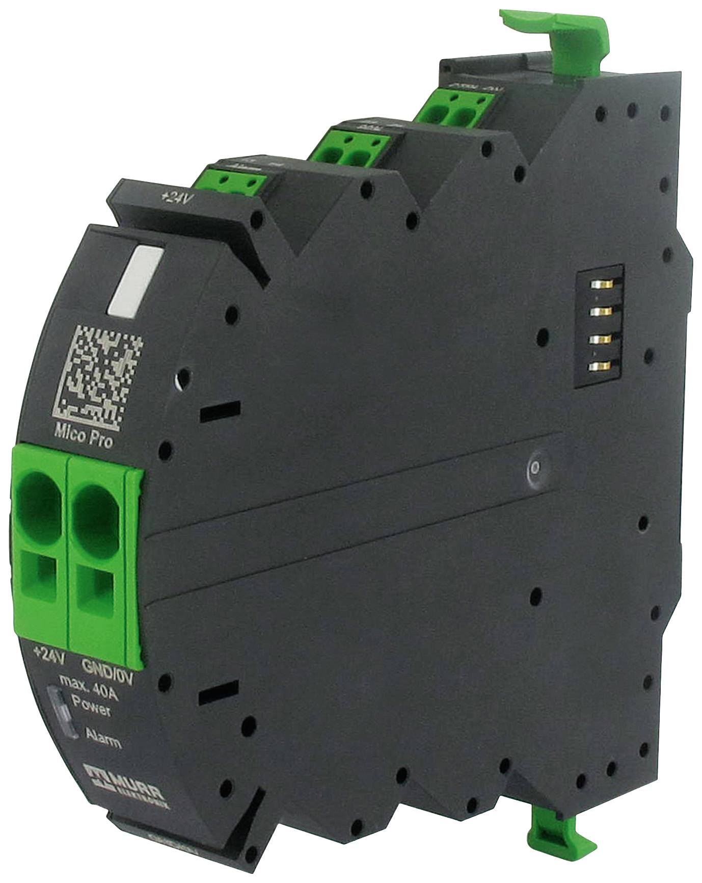 Elektronski varnostni odklopnik s tremi zelenimi priključnimi sponkami in LED prikazovalnim območjem, namenjen za nadzor električnega toka.