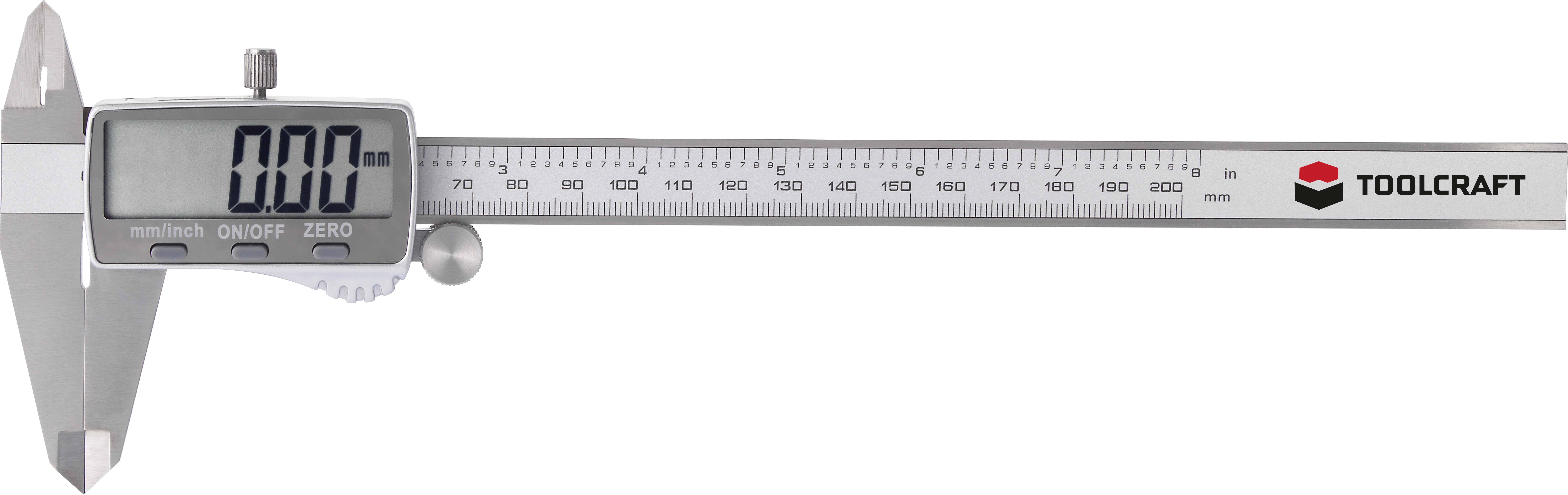 Digitalno pomično merilo z ohišjem iz nerjavečega jekla in LCD-zaslonom, prikazuje '0.00 mm'. Levo merilna glava, desno logotip Toolcraft.