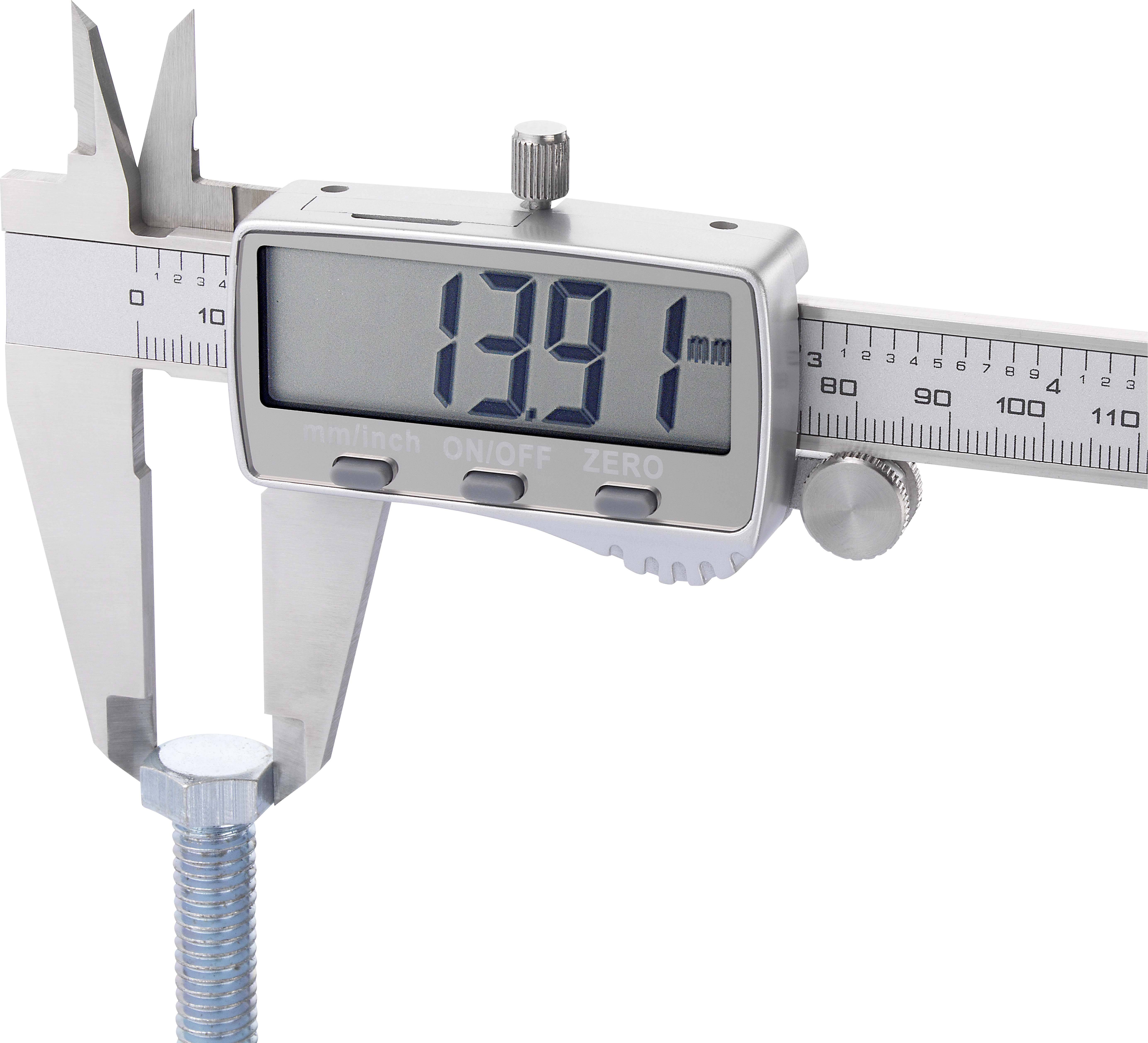 Digitalni pomično merilo meri dolžino stebla vijaka in na digitalnem zaslonu prikazuje '13,91 mm'.
