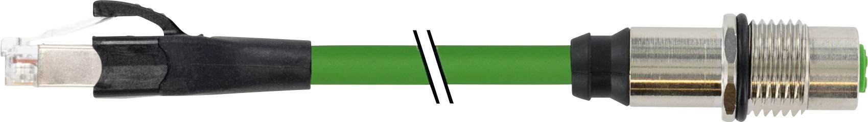 Hibridni Ethernet/IP-kabel: levi RJ45 vtič, desni okrogli priključek; zelena zunanja obloga; primeren za industrijske aplikacije.