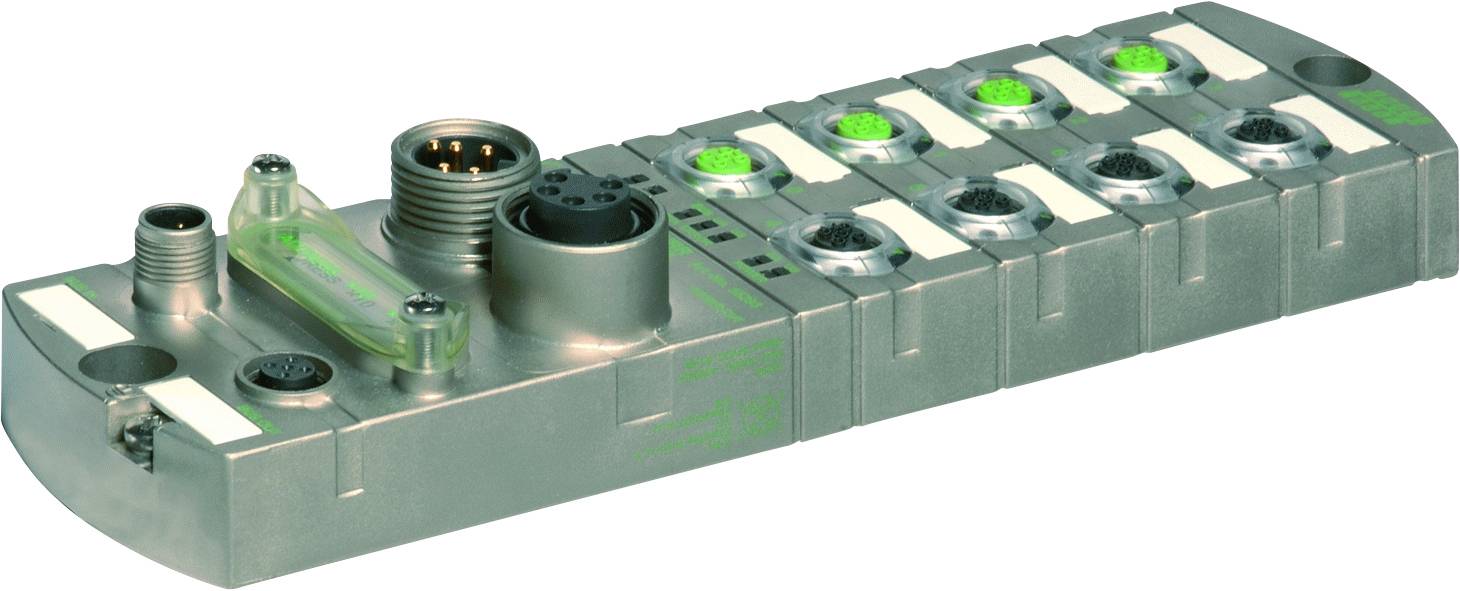 Industrijski povezovalni element z več priključki in zelenimi LED-indikatorji, namenjen krmiljenju v avtomatiziranih sistemih.