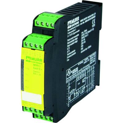 Varnostno relejevje Murrelektronik, model MIRO SAFE+, z rumeno nalepko in tehničnimi informacijami na površini.
