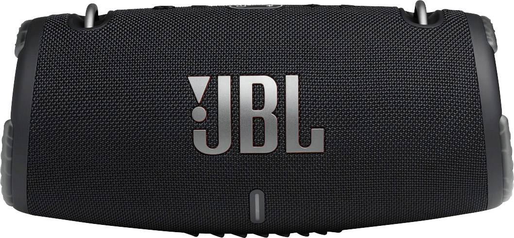 Črn prenosni zvočnik z napisom 'JBL' z velikimi črkami na sprednji strani.