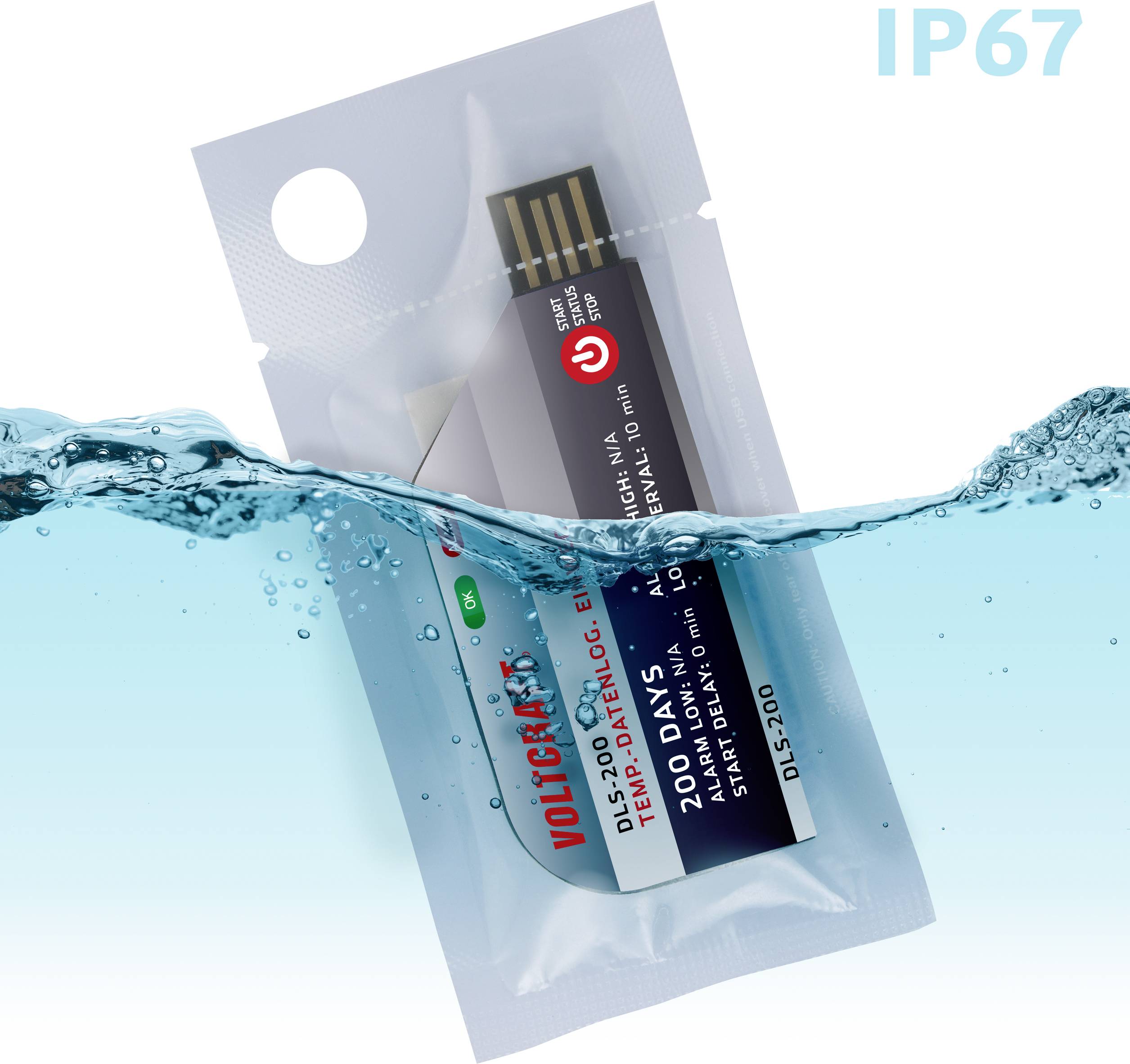 USB podatkovni logger v vodoodporno embalaži (IP67) z življenjsko dobo baterije do 200 dni.