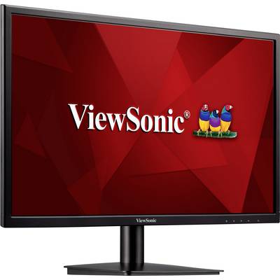 Računalniški monitor z rdečo ozadjem. Logotip ViewSonic je prominentno nameščen na sredini zaslona.