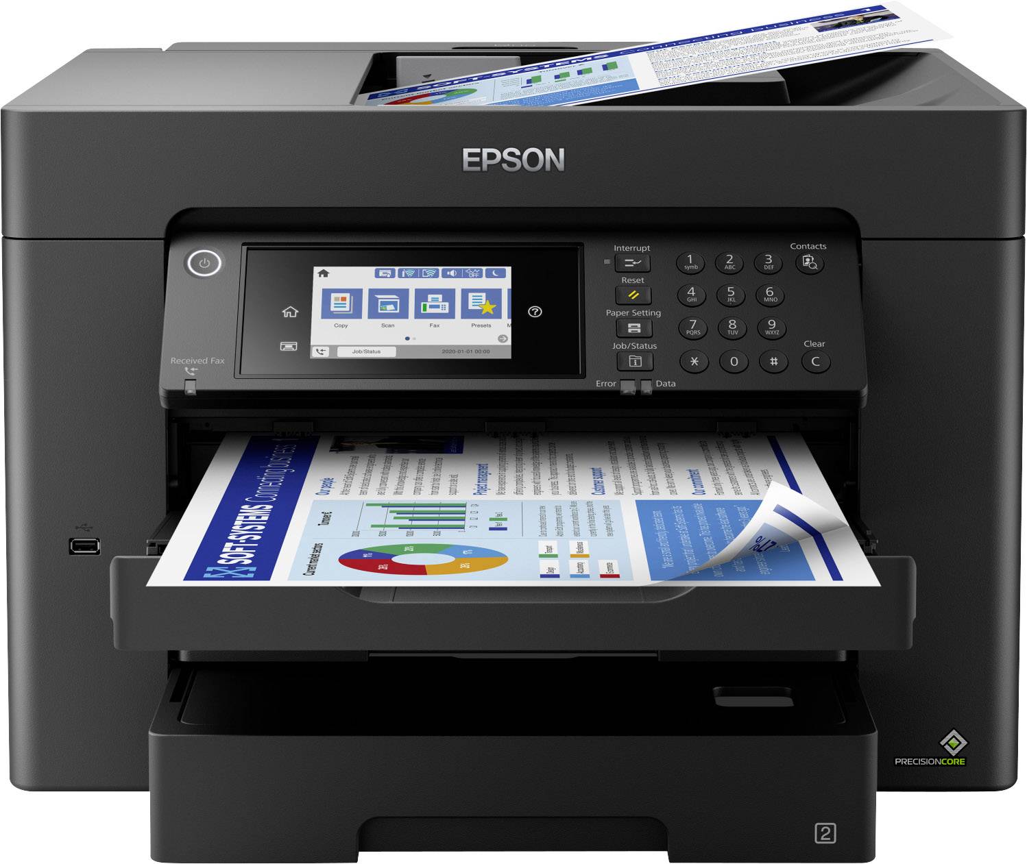 Črn Epson tiskalnik, ki tiska barvni dokument z grafiko in diagrami. Na zaslonu so prikazane možnosti tiskanja.