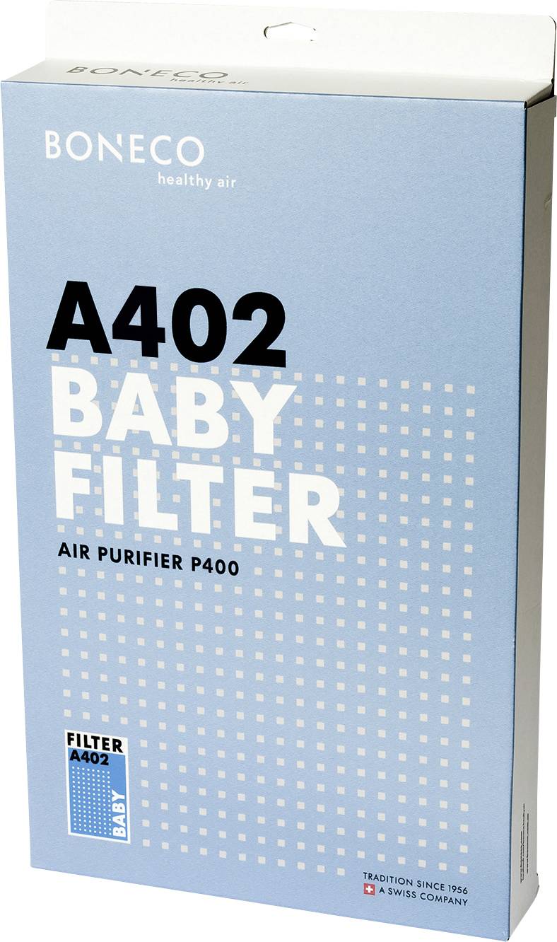 Čistilec zraka - filter znamke Boneco, model A402, posebej namenjen dojenčkom. Modra zasnova z belimi pikami in besedilnimi podrobnostmi.