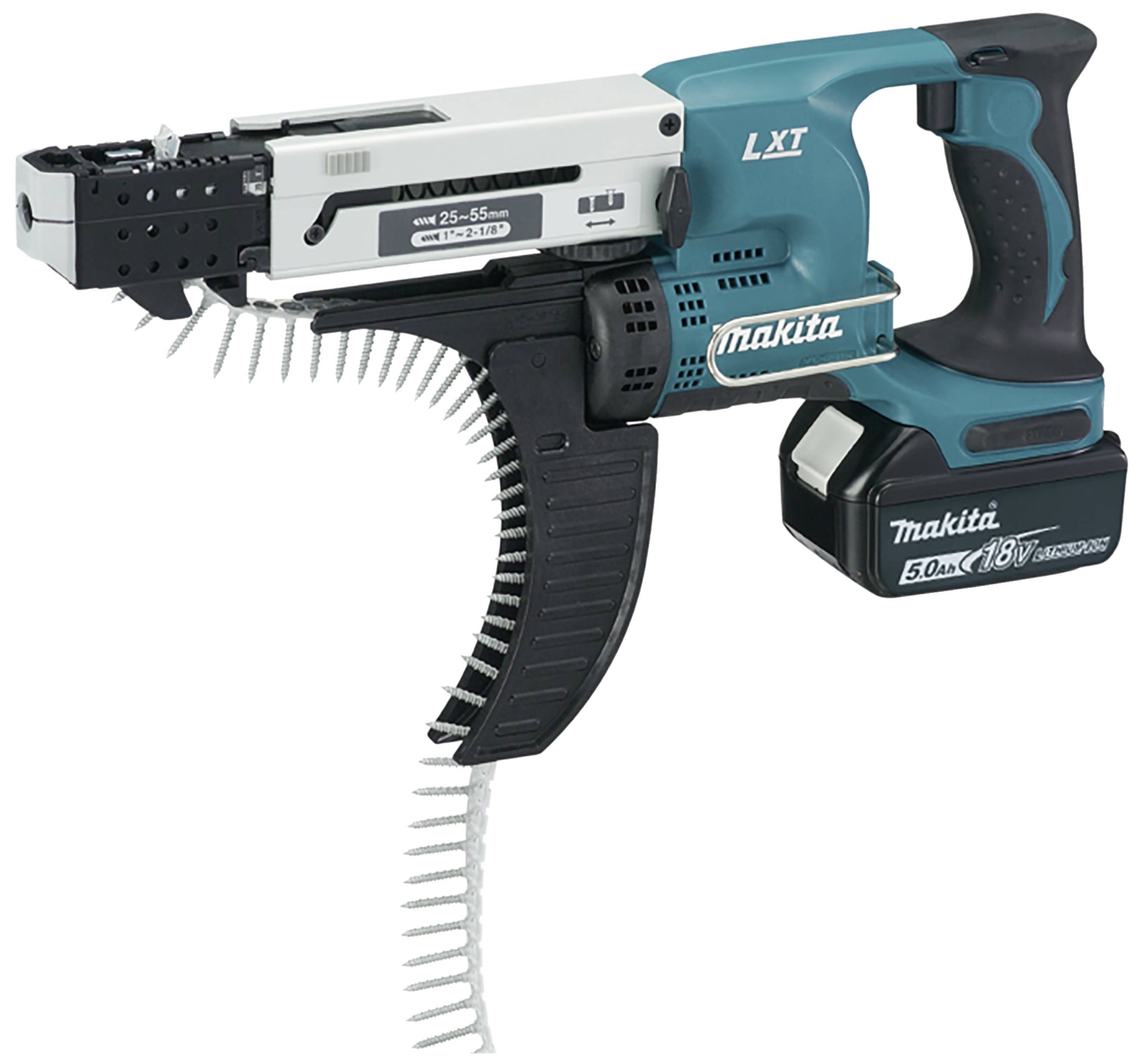 Brezkožni moder in črn Makita akumulatorski vijačnik z magnetnim podajalcem vijakov, primeren za vijake 25-55 mm, 18V, 5,0Ah.