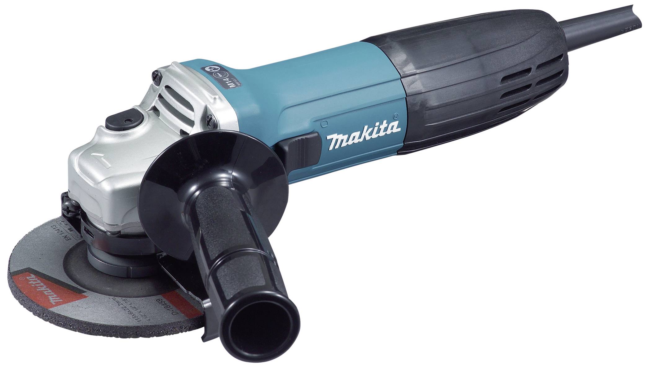 Makitov električni kotni brusilnik z modrim ohišjem in črnim ročajem, ki se uporablja za brušenje ali rezanje.