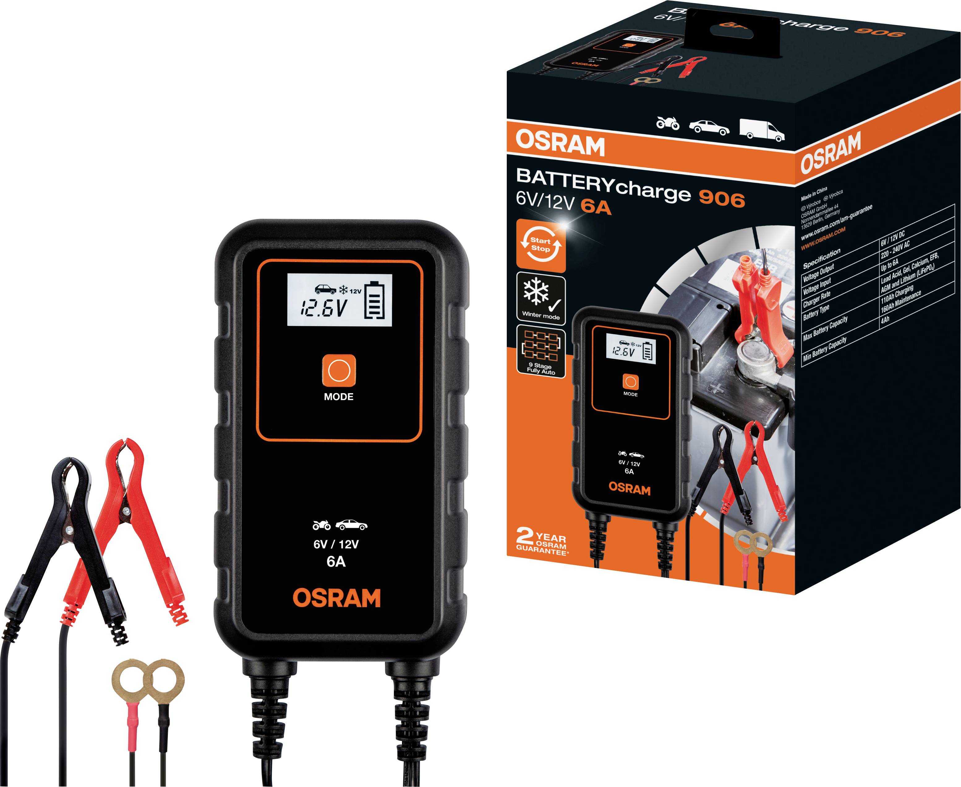 Polnilec baterij OSRAM BATTERYcharge 906, 6V/12V 6A, z zaslonom. Primeren za avtomobile in motocikle. Vključuje pakiranje in sponke.