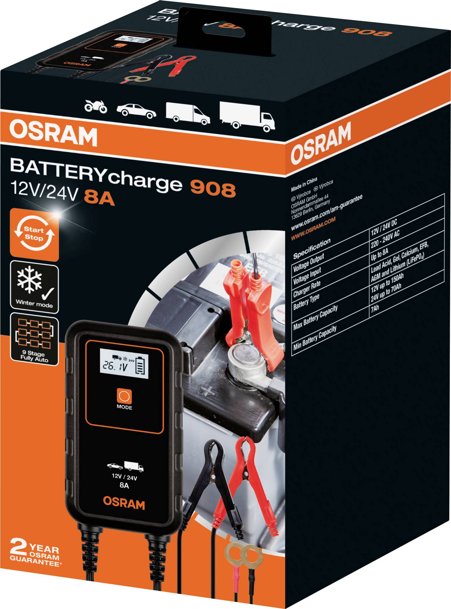 Osram BATTERYcharge 908, polnilnik 12/24V 8A. Embalaža prikazuje napravo s sponkami, primerno za avtomobile, motorna kolesa in čolne. 2 leti garancije.