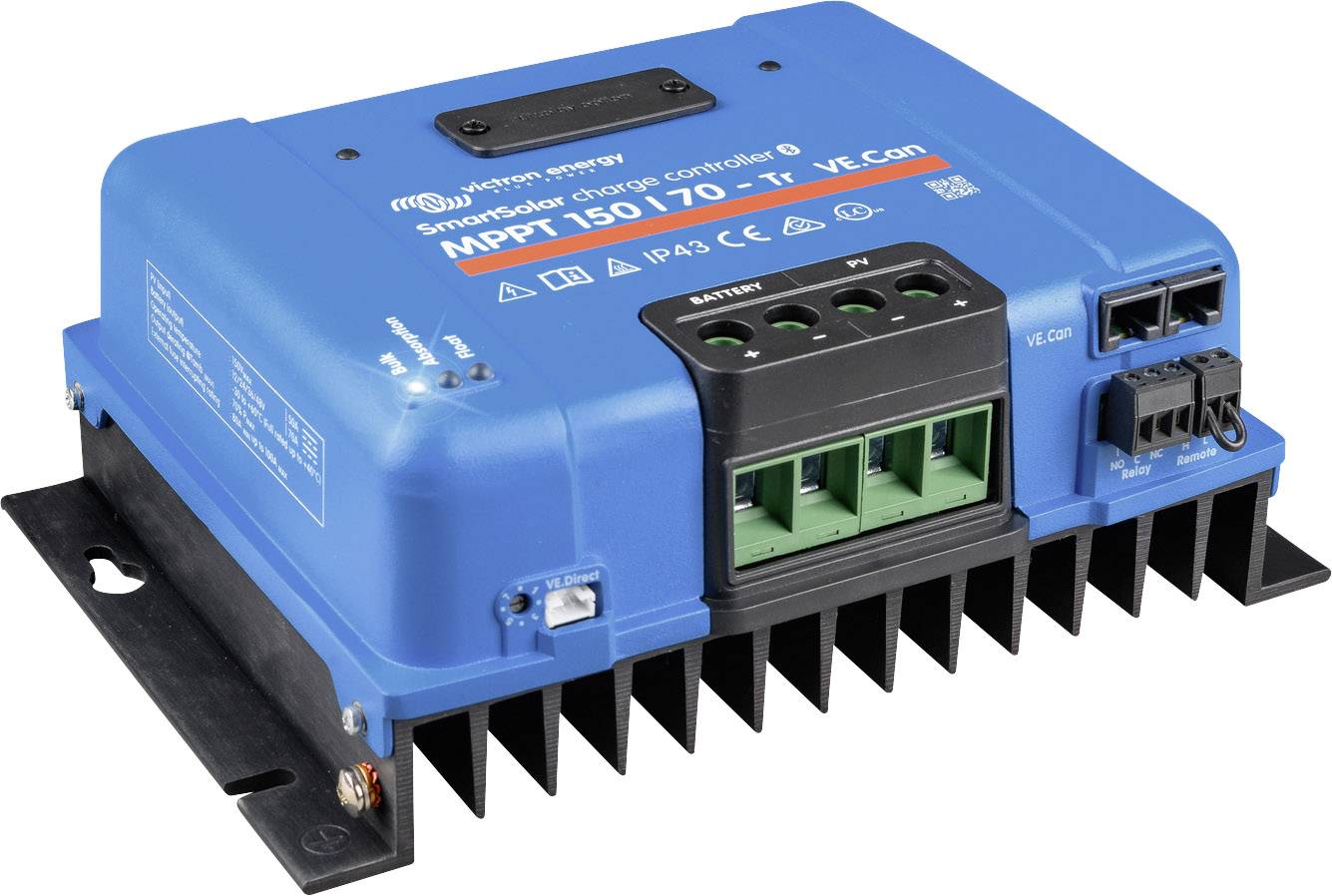Moder solarni krmilnik polnjenja z napisom 'SmartSolar charge controller MPPT 150/70-Tr VE.Can'. Ima priključne sponke in hladilne rebra.