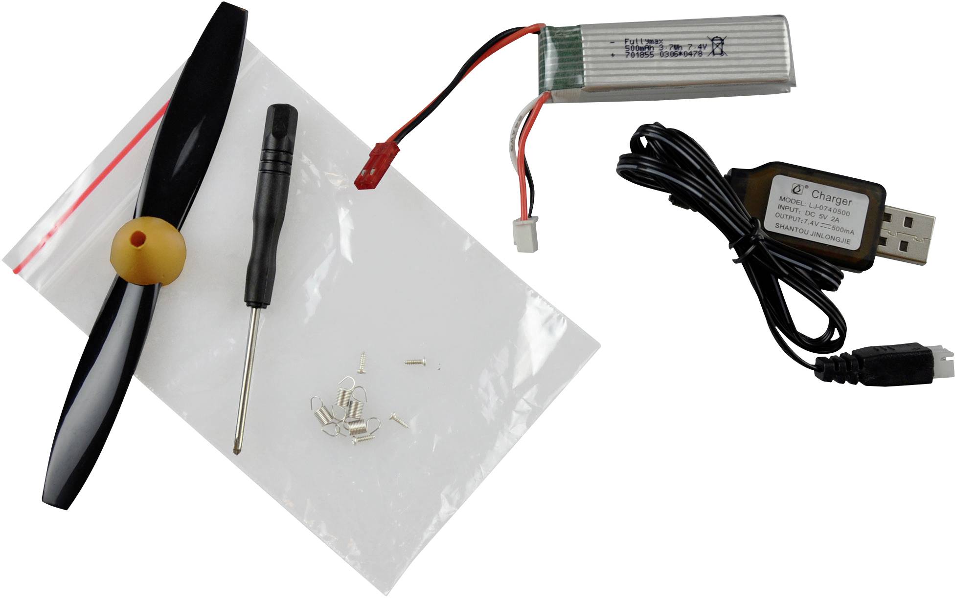 Propelerski komplet s propelerjem, izvijačem, baterijo in USB polnilcem za vzdrževanje ali popravilo drone.