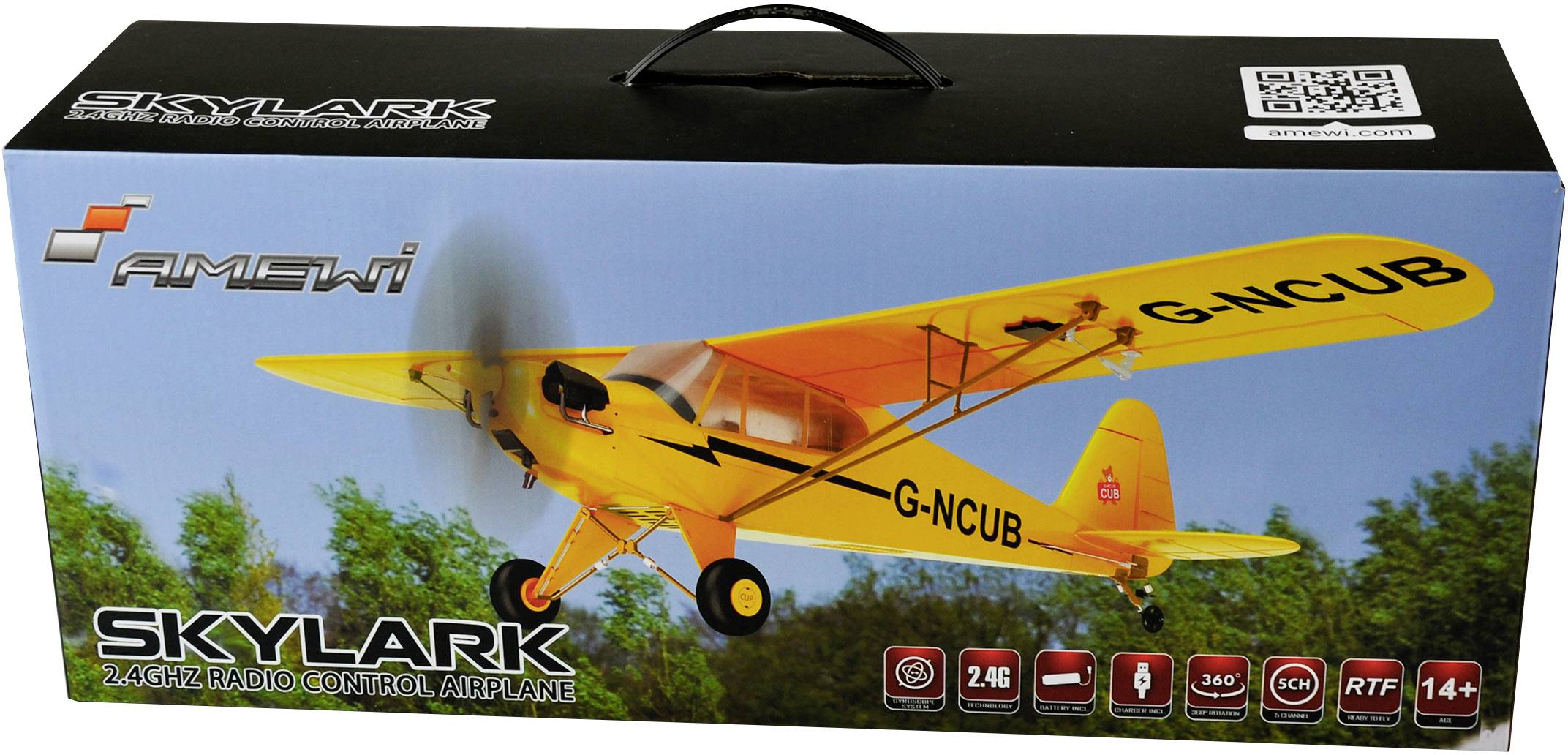 'Skylark' RC letalo v rumeni barvi, embalaža prikazuje model daljinsko vodenega letala nad drevesi. Primerno za starost 14+, upravljanje s 2,4-GHz frekvenco.