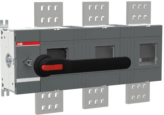 ABB ločilni odklopnik z rdečim in črnim ročajem, kovinski kontakti na straneh, primeren za električne razdelilne plošče.