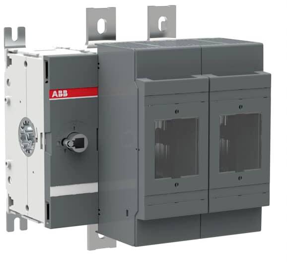 Industrijski stikali ABB, nameščeni na kovinskih nosilcih, prikazujeta podrobnosti stikala in ohišja. Uporabljeni v električnih inštalacijah.