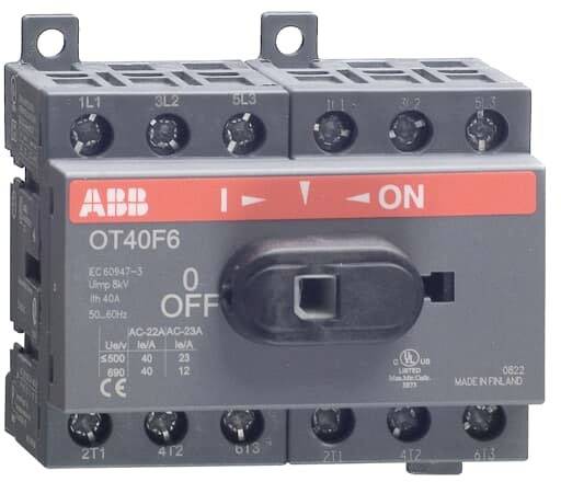 Električni ločilni stikalni elementi ABB z oznakami 'ON' in 'OFF', z več priključki za upravljanje električnih tokokrogov.