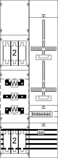 Diagram z več tehničnimi risbami, ki vključuje električne sheme in prostorske razporeditve. Oznake in simboli za električne komponente.