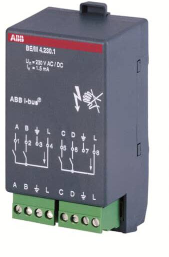Elektronska naprava ABB s priključnimi sponkami spodaj, oznaka zgoraj prikazuje napetost 230 V AC/DC in tok 1,5 mA.