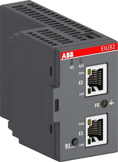 Industrijski Ethernet modul EIU32 podjetja ABB z dvema Ethernet priključkoma, LED-diodami za status omrežja in prenos podatkov.