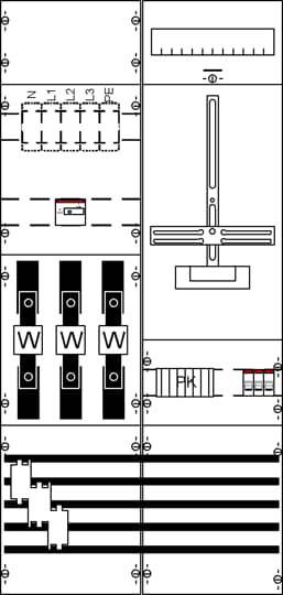 Diagram električnega načrta z različnimi električnimi simboli, vključno s stikali, vodniki in merilno lestvico.