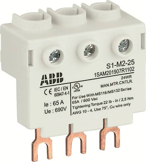ABB S1-M2-25 odklopnik, primeren za MS116/MS132, 65A, 690V. Podrobnosti o izdelku in tehnične specifikacije na ohišju.