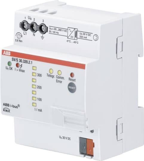 Bela ABB KNX i-bus modul z več priključnimi sponkami in LED-indikatorji za komunikacijo in prikaz statusa.