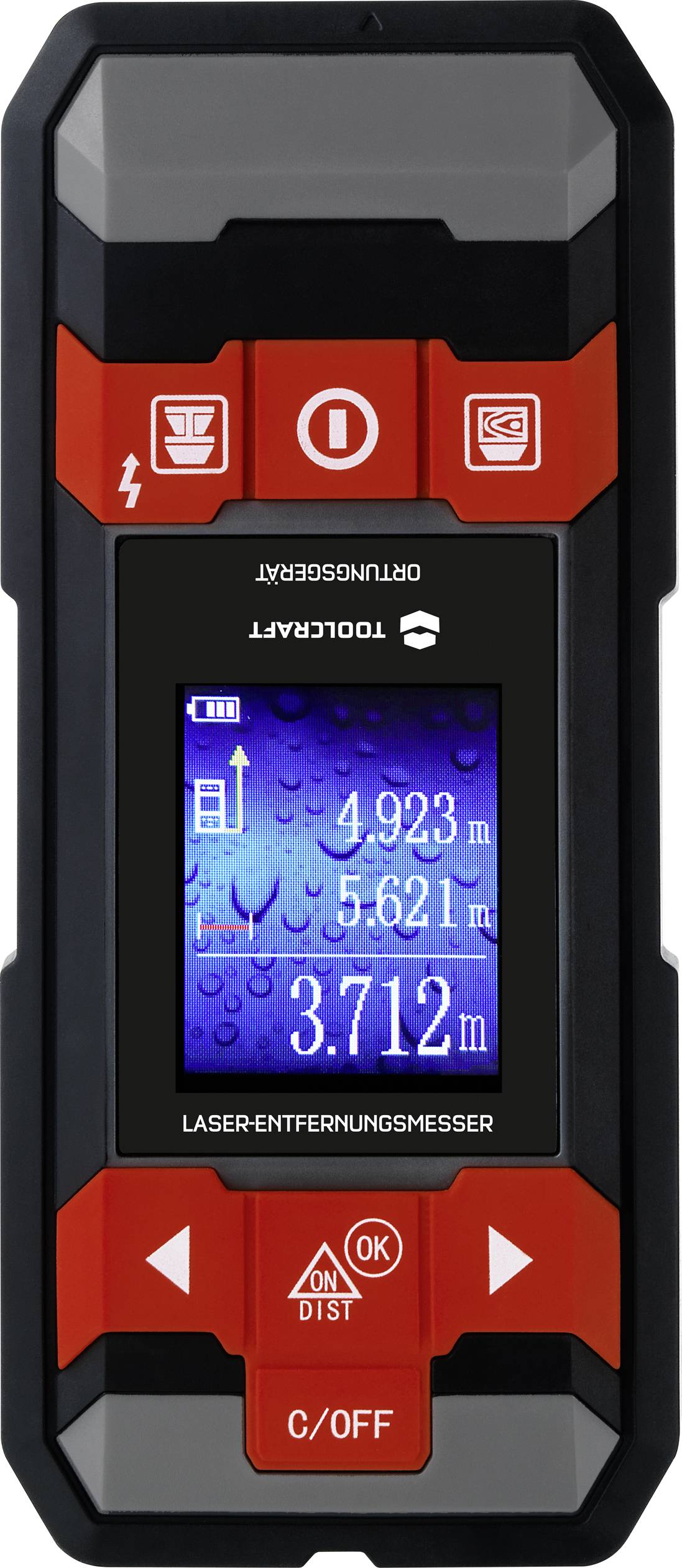 Elektronski laserski merilnik razdalje z osvetljenim zaslonom in measurements vrednostmi, med katerimi so '4,923 m', '5,621 m' in '3,712 m'.