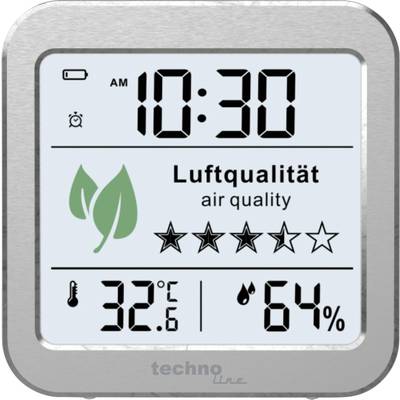 Digitalna ura z prikazom kakovosti zraka: 'Kakovost zraka', 5-zvezdična lestvica, temperatura 32,6°C, vlažnost 64%.