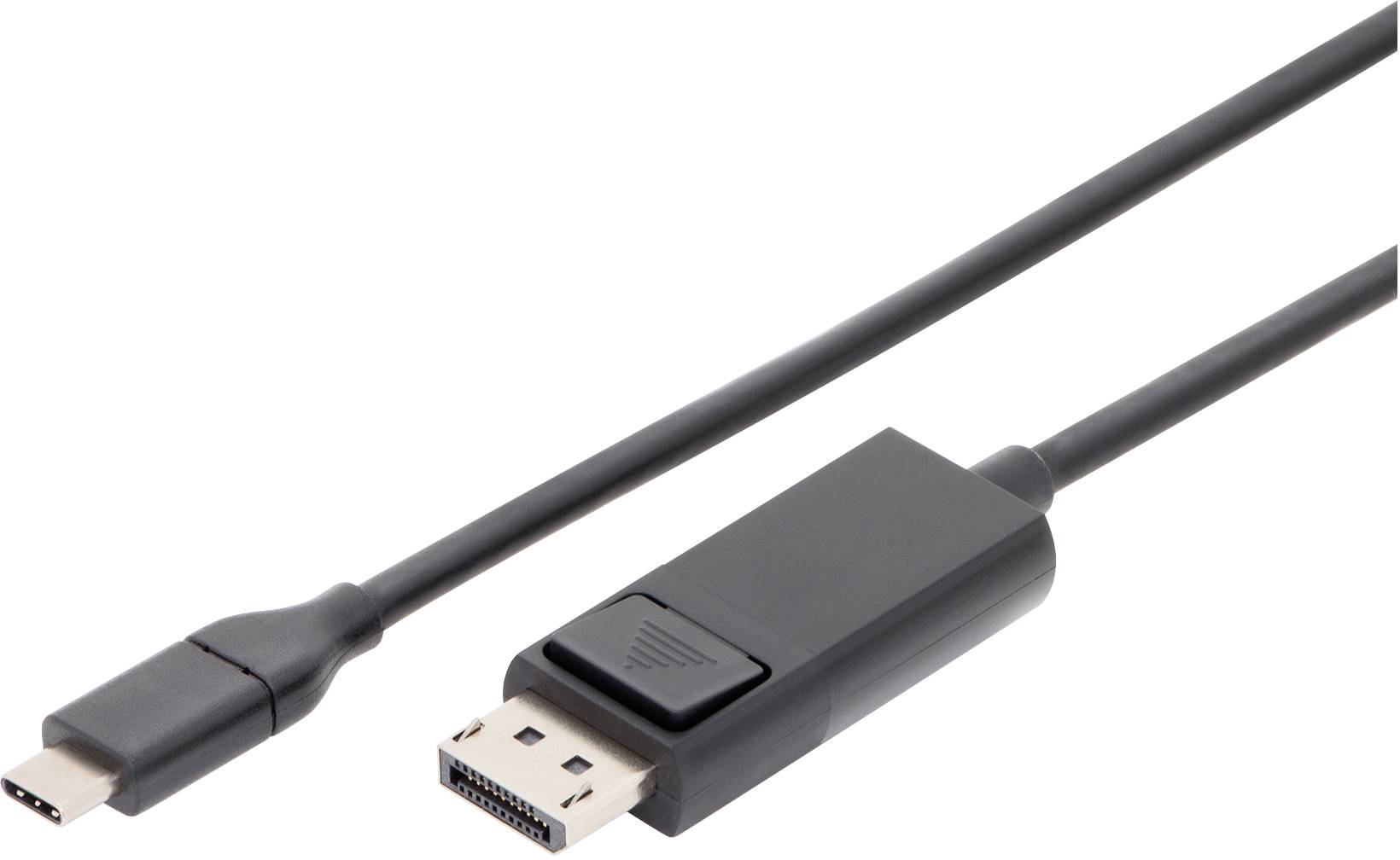 Črn kabel z USB-C in DisplayPort priključkoma, primeren za povezovanje naprav z različnimi vmesniki.