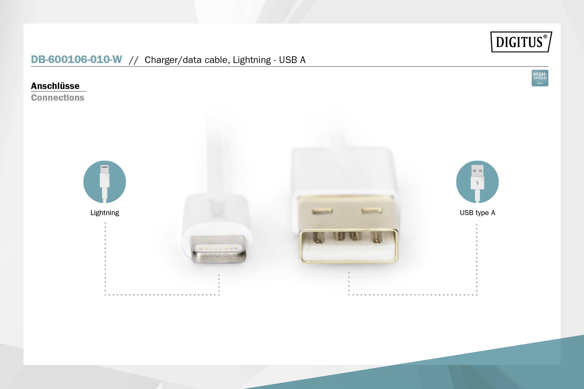 Digitus USB kabel USB 2.0 USB-A vtič, Apple Lightning vtič 1.00 m bela zaščiten, dvojno oklopljen DB-600106-010-W-4