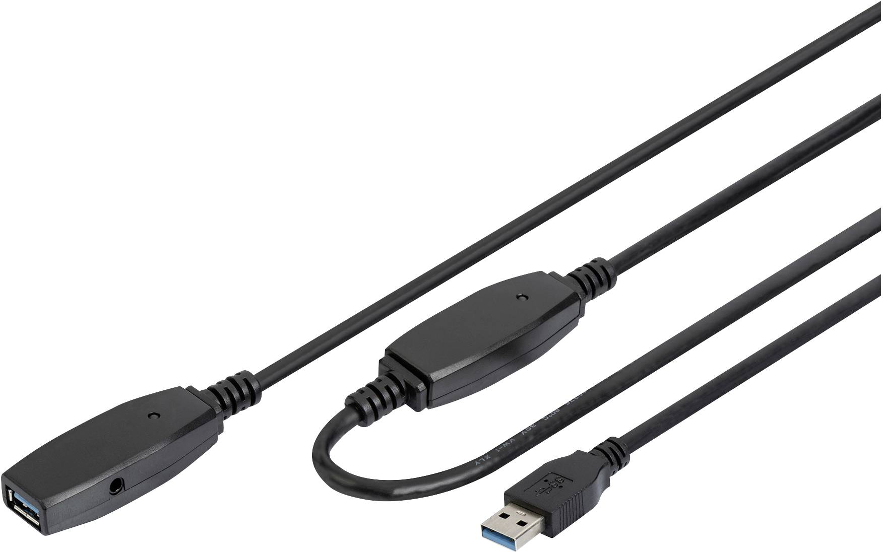 Črn podaljšek USB kabla z moškim in ženskim priključkom, primeren za podaljševanje USB kablov.