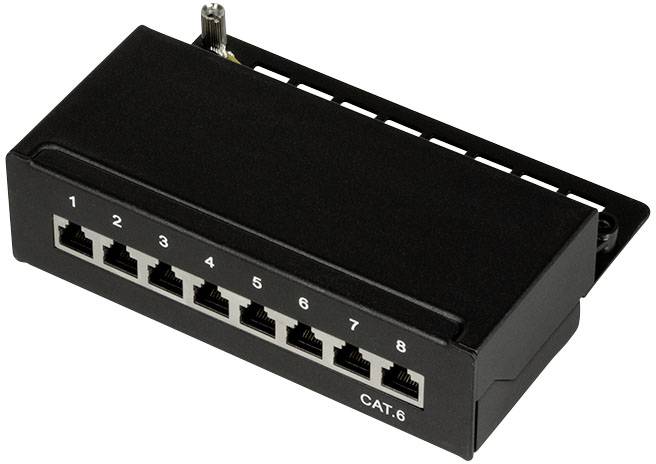 Črn CAT.6 omrežni patch panel z osmimi številčenimi Ethernet priključki od 1 do 8.