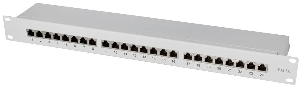 24-portni patch panel za organizacijo omrežnih povezav, oštevilčen od 1 do 24, namenjen namestitvi v omrežno opremo (rack).